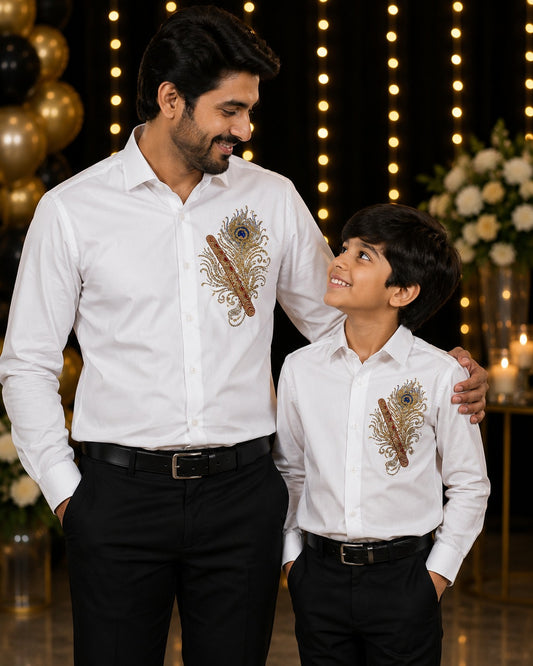 White Feather Embellished | Father-Son Partywear Shirt