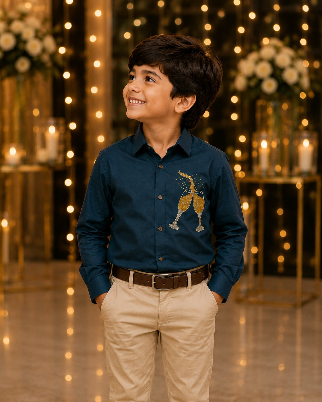 Dark Green Champagne  Embellished | Father-Son Partywear Shirt