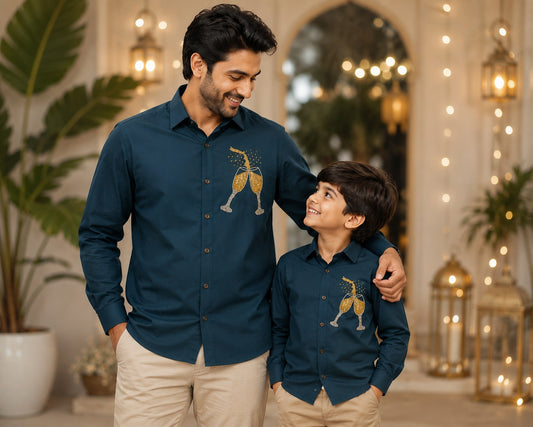 Dark Green Champagne  Embellished | Father-Son Partywear Shirt