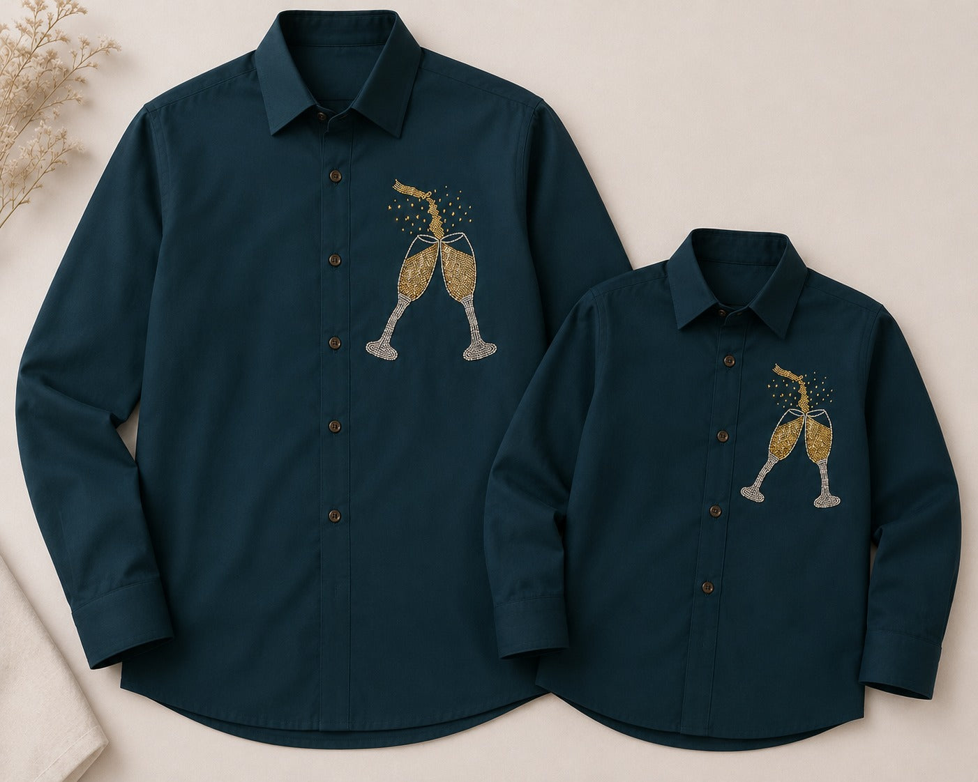 Dark Green Champagne  Embellished | Father-Son Partywear Shirt