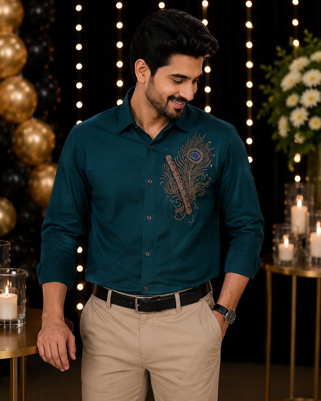 Teal Green Feather Embellished | Father-Son Partywear Shirt