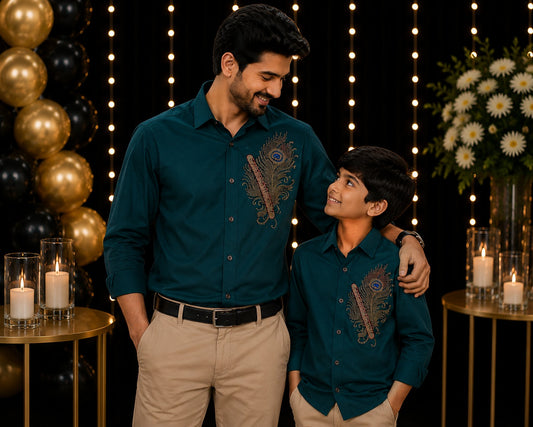 Teal Green Feather Embellished | Father-Son Partywear Shirt