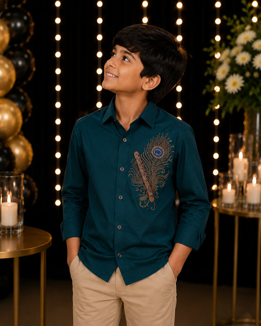 Teal Green Feather embelished boys shirt
