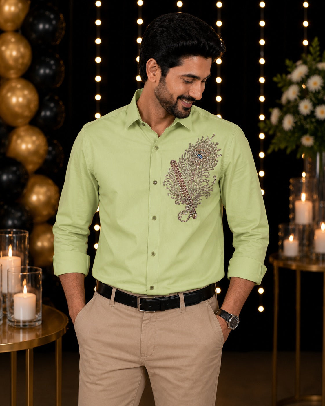 Olive Green Feather Embellished | Father-Son Partywear Shirt