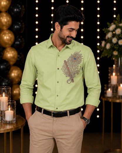 Olive Green Feather Embellished | Father-Son Partywear Shirt