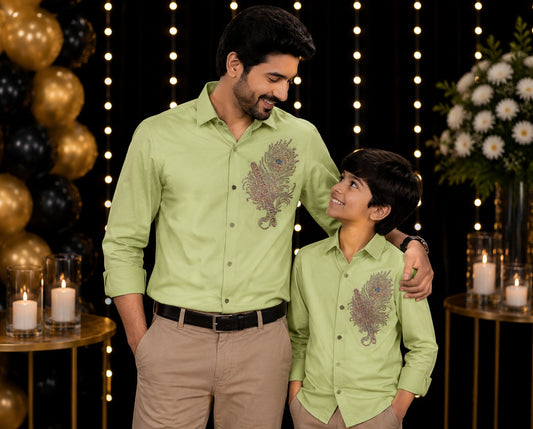 Olive Green Feather Embellished | Father-Son Partywear Shirt