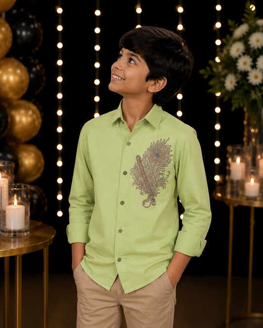 Olive Green Feather embelished boys shirt