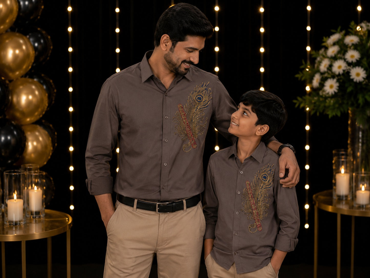 Charcoal Grey Feather Embellished | Father-Son Partywear Shirt