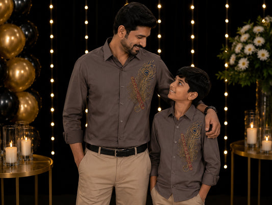 Charcoal Grey Feather Embellished | Father-Son Partywear Shirt