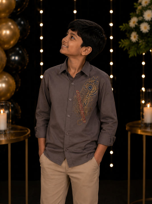 Charcoal Feather embelished boys shirt