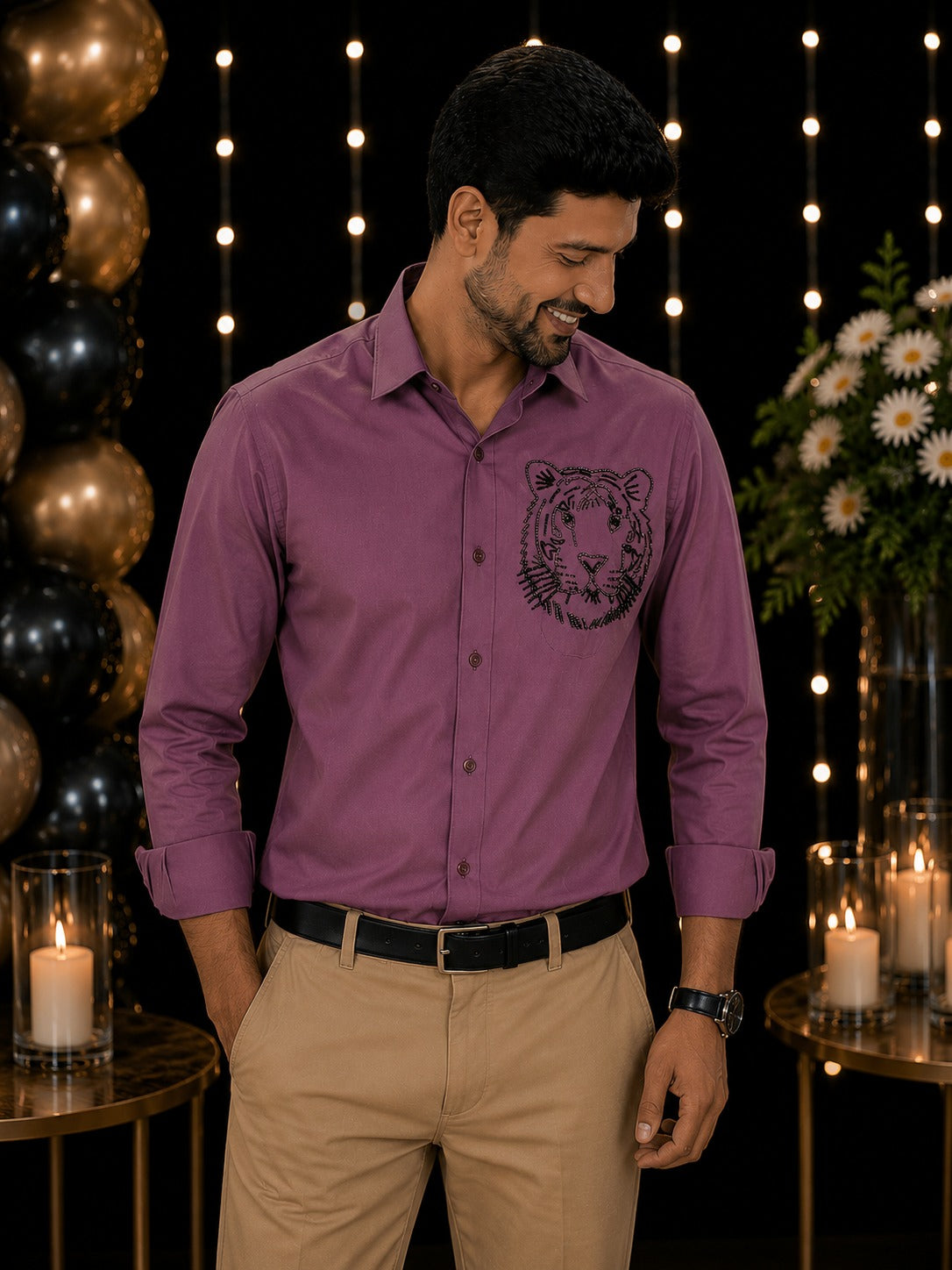 Mauve Tiger Embellished | Father-Son Partywear Shirt