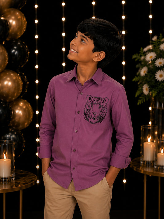 Mauve Tiger Embellished boys shirt