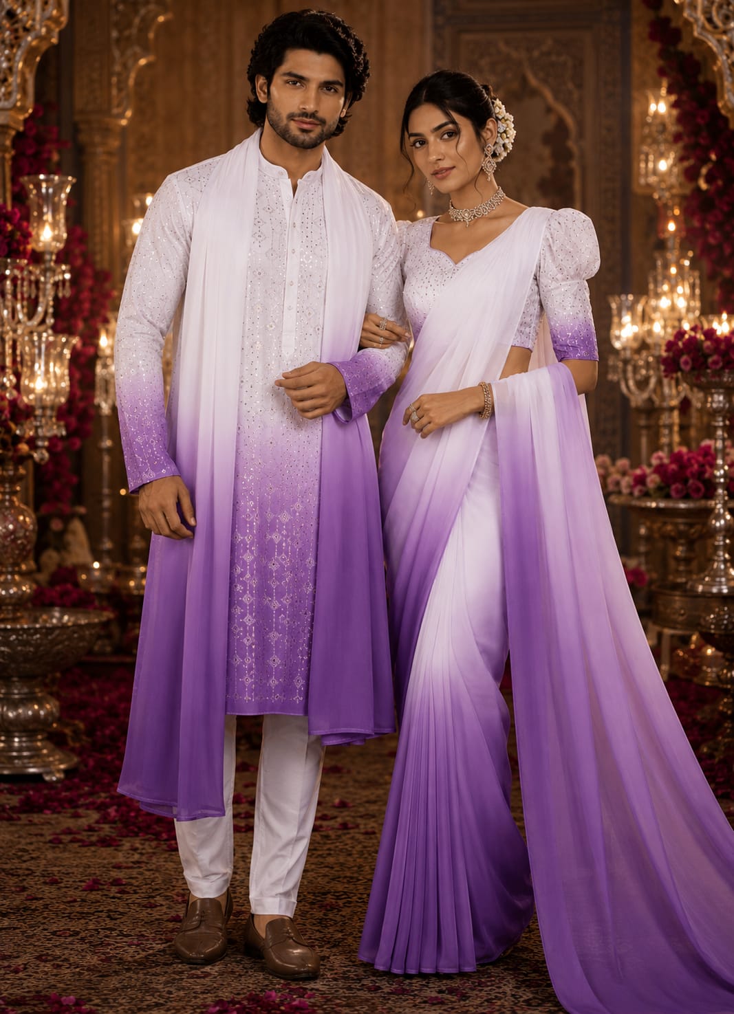 Lilac Riwaaz | Saree & Kurta Couple Set