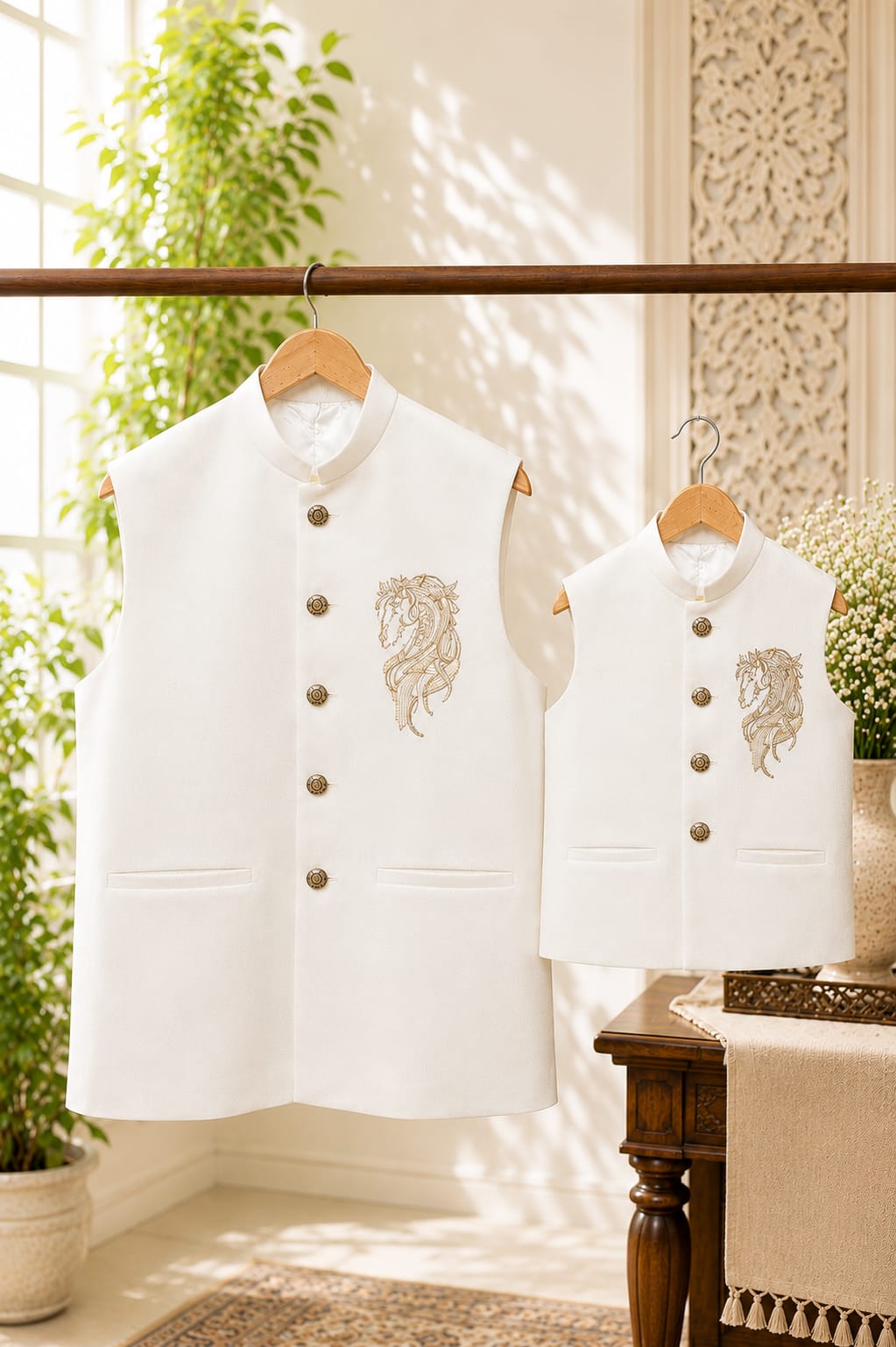 Regal Horse Embroidered | Father Son Nehru Jacket Combo