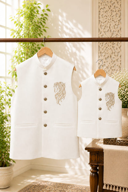 Regal Horse Embroidered | Father Son Nehru Jacket Combo