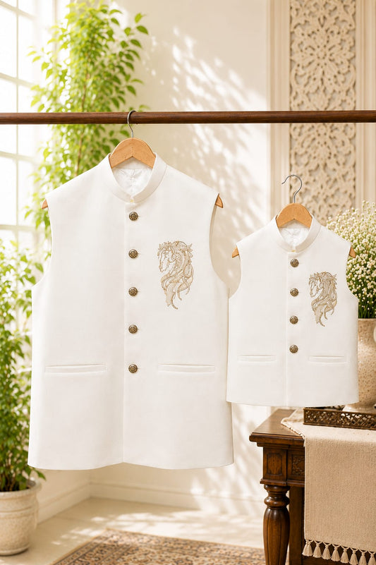 Regal Horse Embroidered | Father Son Nehru Jacket Combo