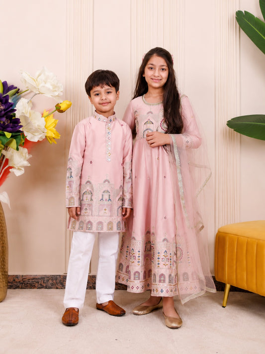 Pastel Pink Heritage Embroidered | Brother Sister Matching Ethnic Set
