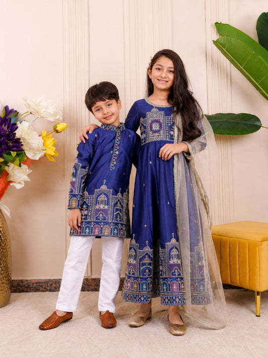 Blue Heritage Embroidered | Brother Sister Matching Ethnic Set