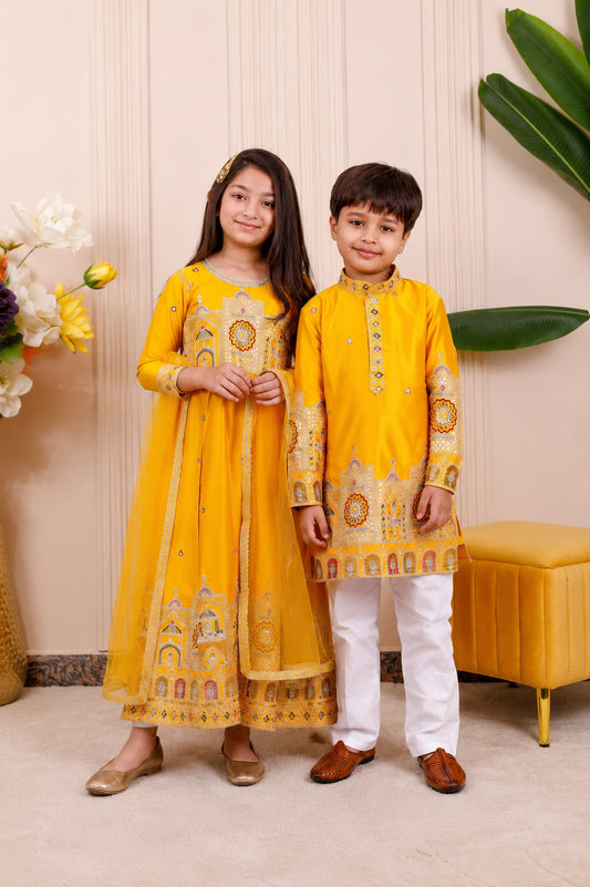Yellow Heritage Embroidered | Brother Sister Matching Ethnic Set