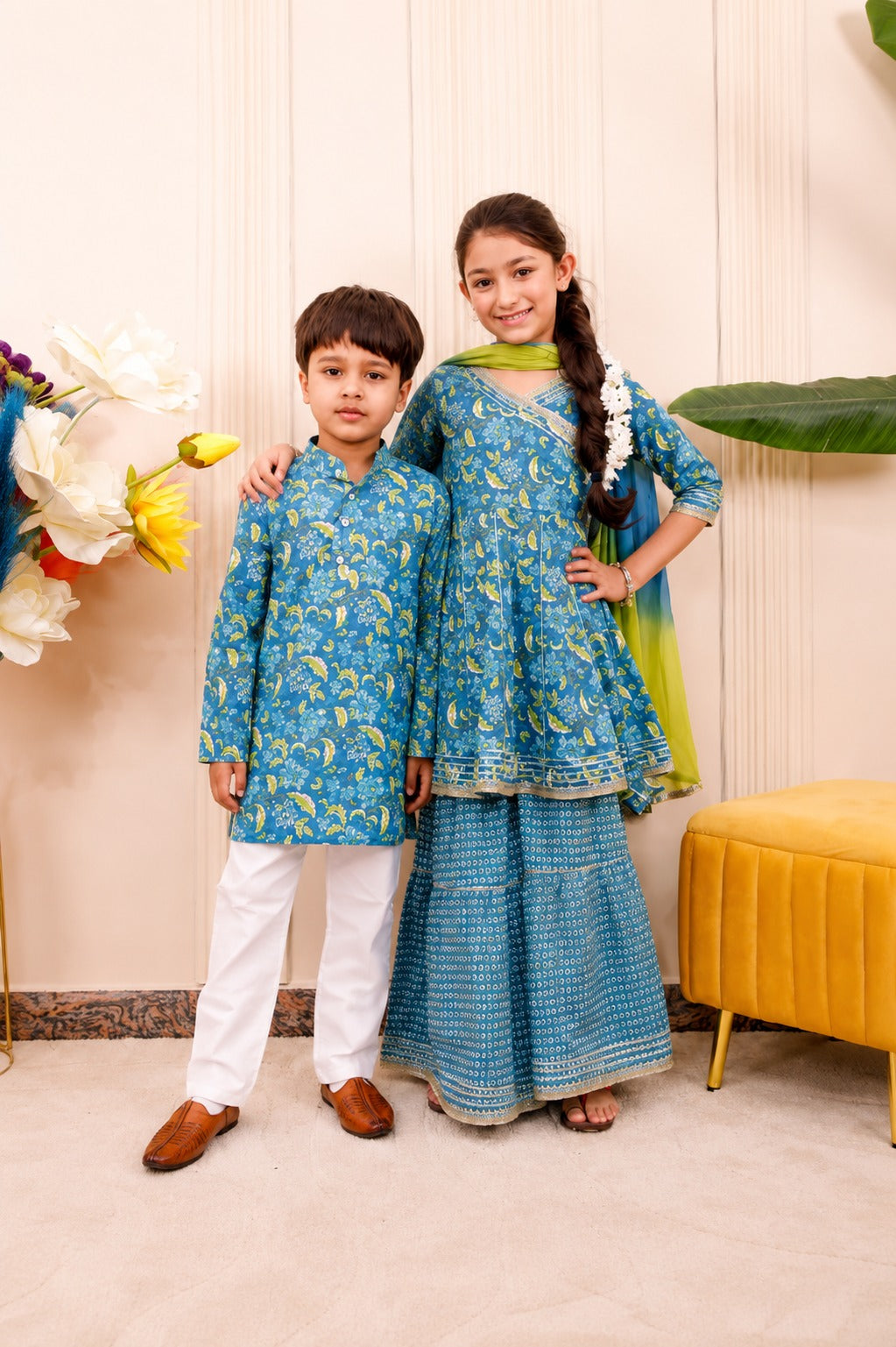 Blue Floral | Brother Sister Matching Ethnic Set