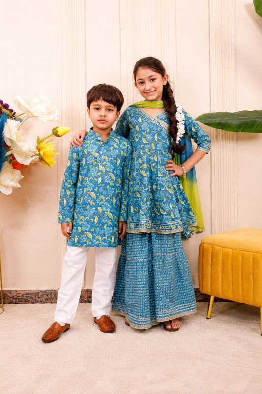 Blue Floral | Brother Sister Matching Ethnic Set