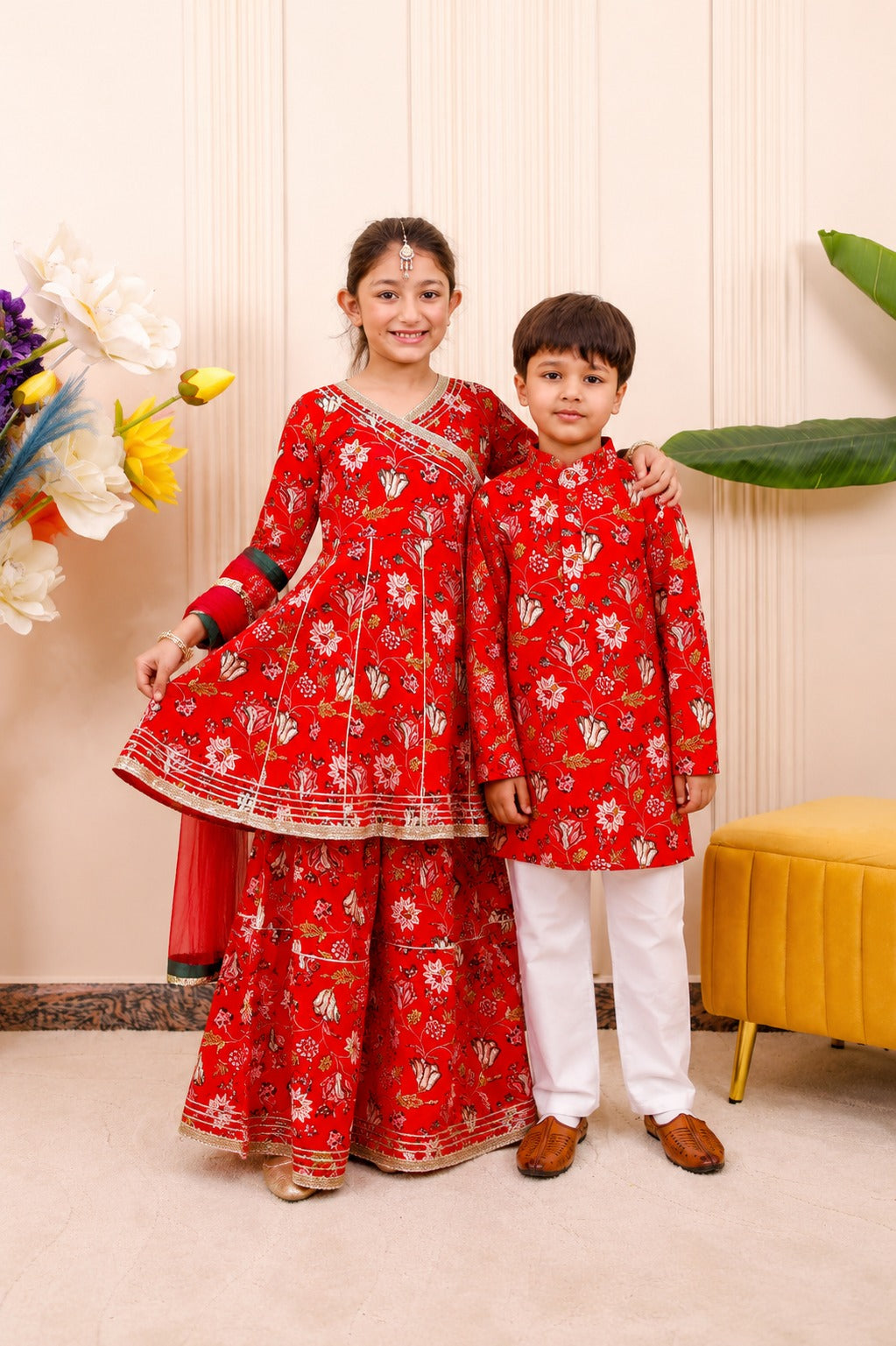 Red Floral | Brother Sister Matching Ethnic Set