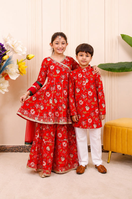 Red Floral | Brother Sister Matching Ethnic Set