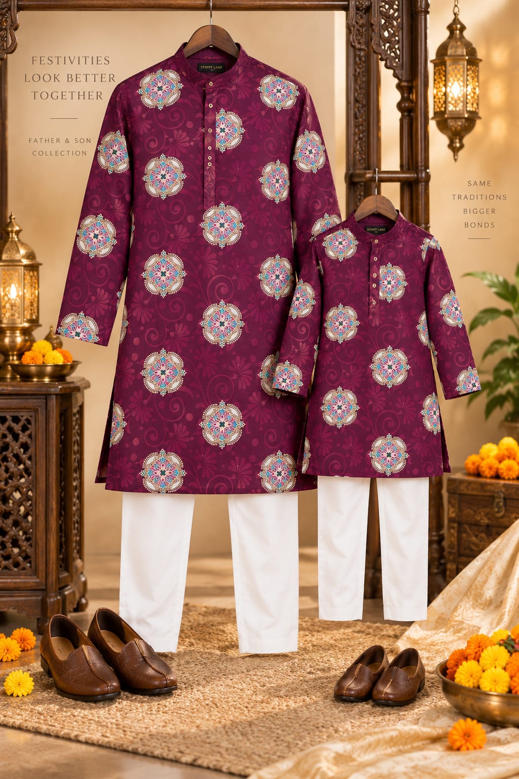 Father Son  Royal Plum Mandal Kurta Pajama Combo Set