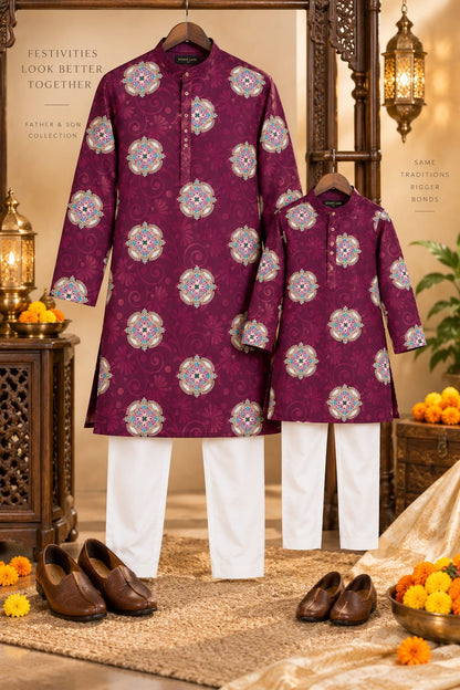 Father Son  Royal Plum Mandal Kurta Pajama Combo Set