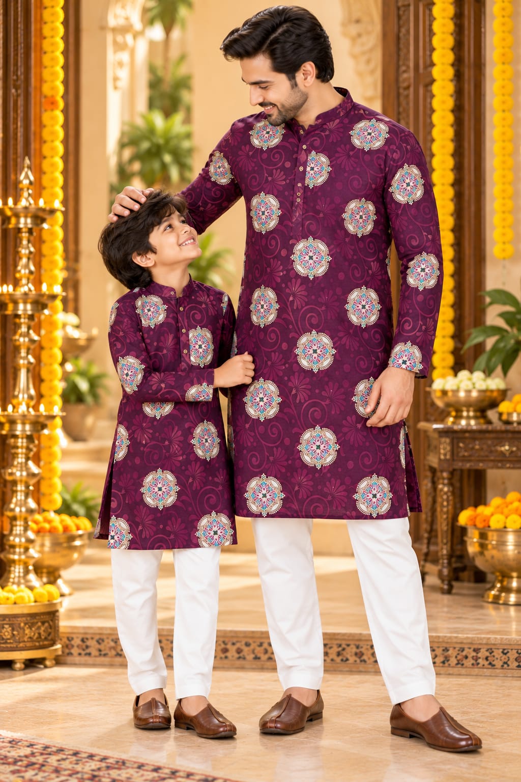 Father Son  Royal Plum Mandal Kurta Pajama Combo Set