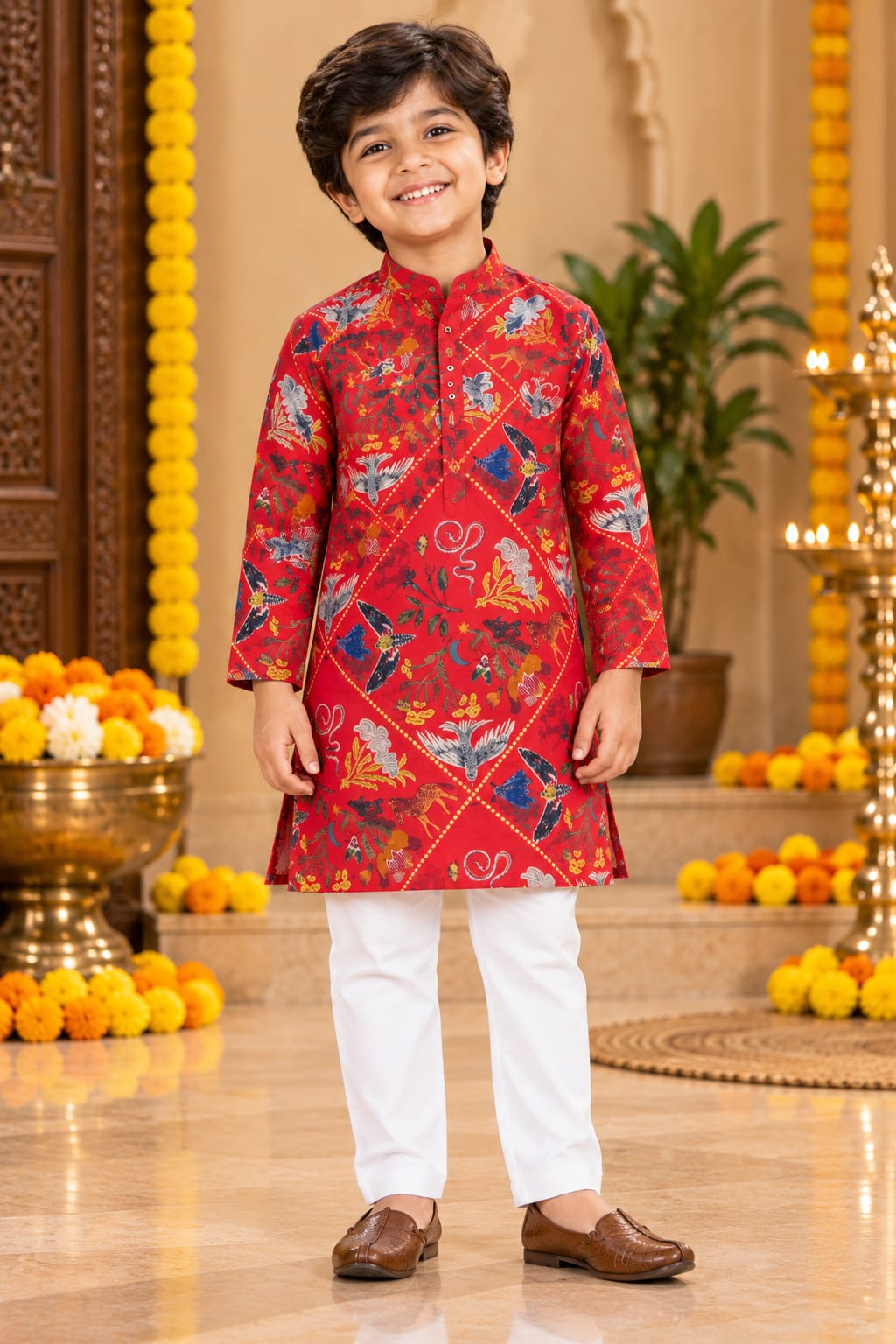 Boy Red Botanical Print Kurta Pajama Set