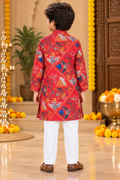 Boy Red Botanical Print Kurta Pajama Set