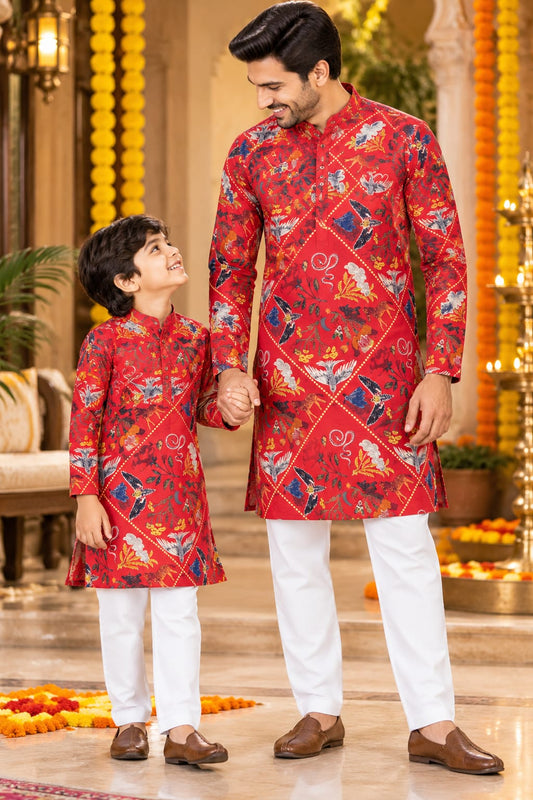 Father-Son Red Botanical Print Kurta Pajama Combo Set