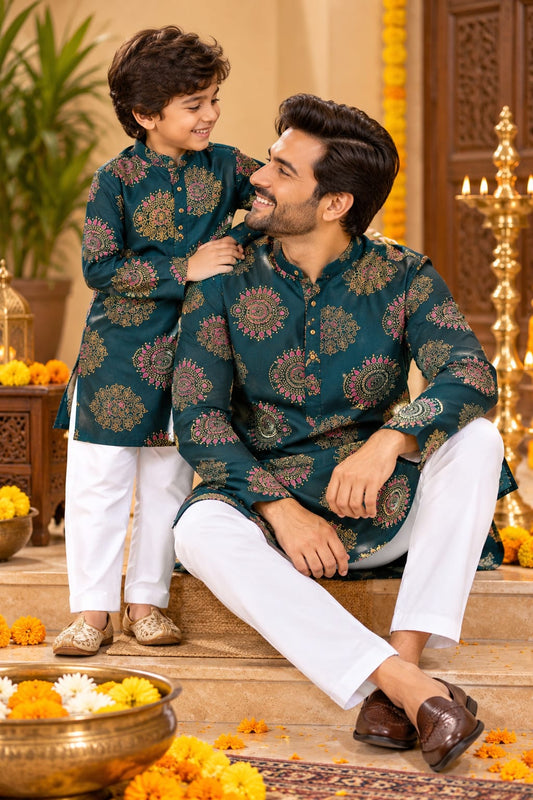 Father Son  Festive Teal and Gold Print Kurta Pajama Combo Set