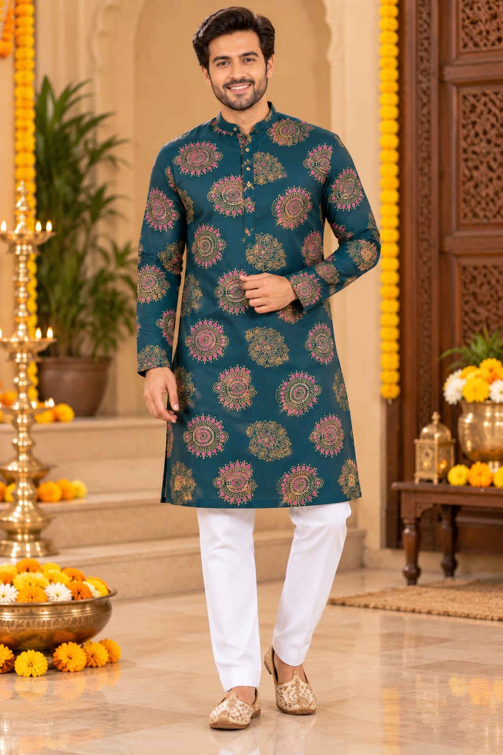 Father Son  Festive Teal and Gold Print Kurta Pajama Combo Set