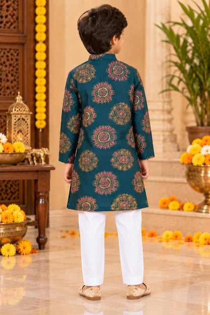 Boy Festive Teal and Gold Print Kurta Pajama Set