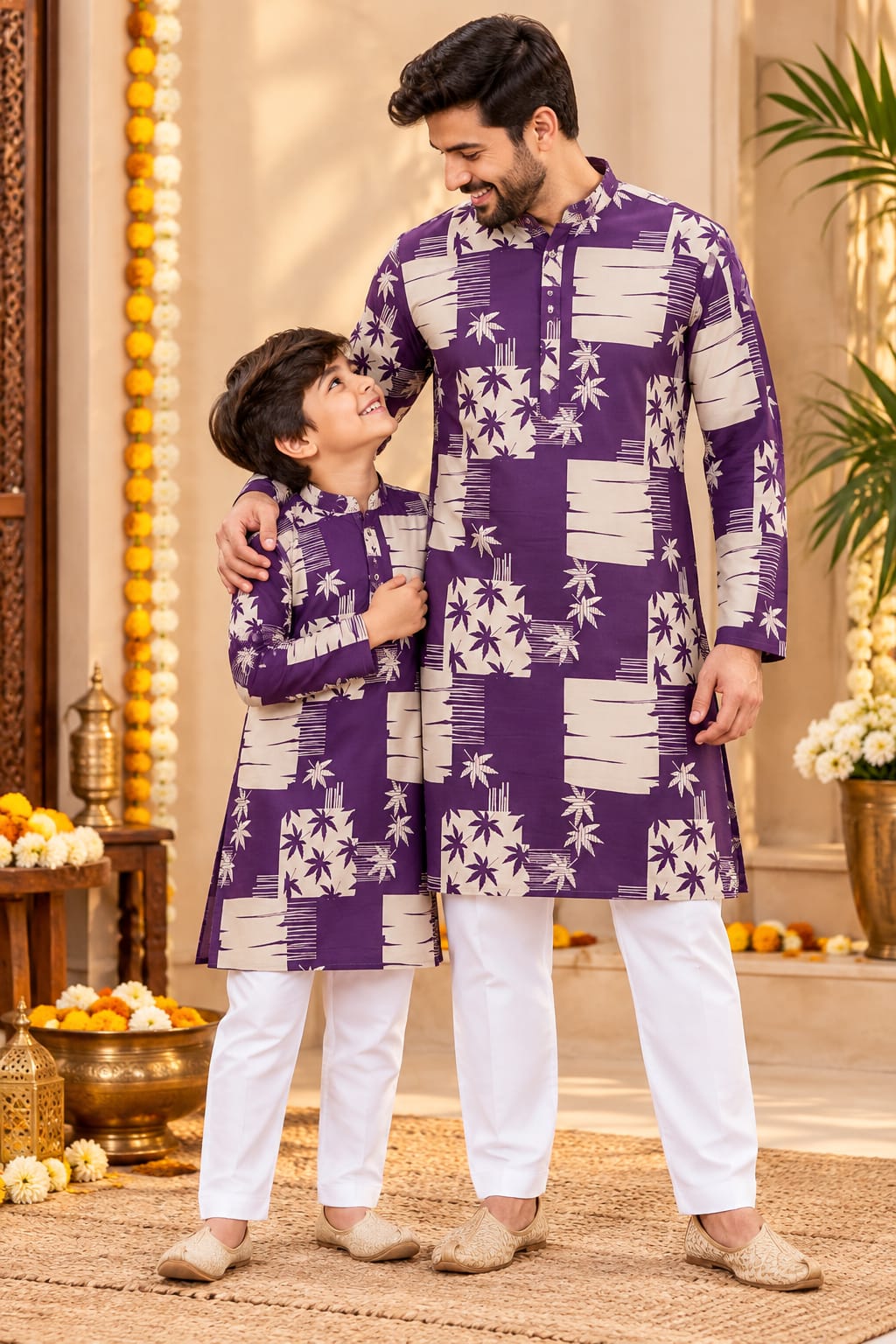 Father-Son Purple Geometric Star Prin Kurta Pajama Combo Set