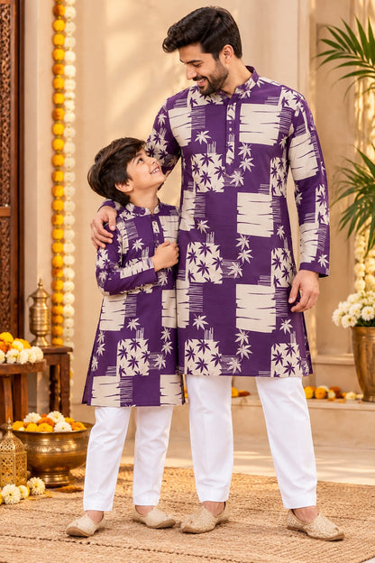 Father-Son Purple Geometric Star Prin Kurta Pajama Combo Set