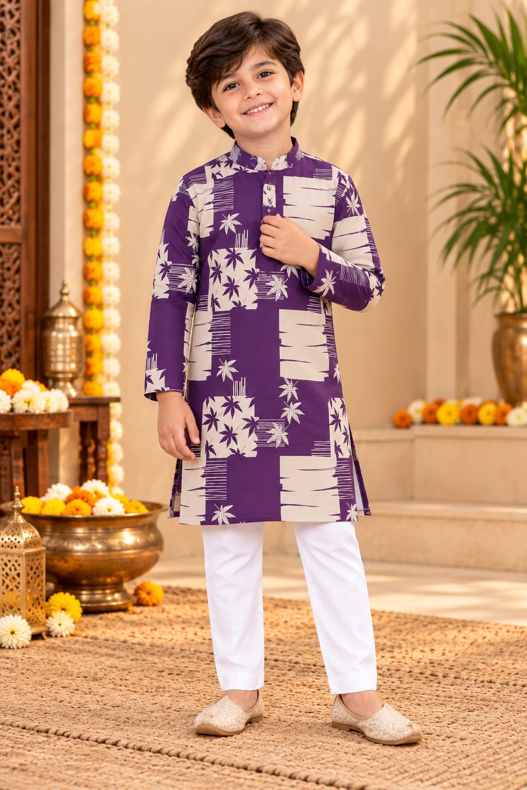 Father-Son Purple Geometric Star Prin Kurta Pajama Combo Set