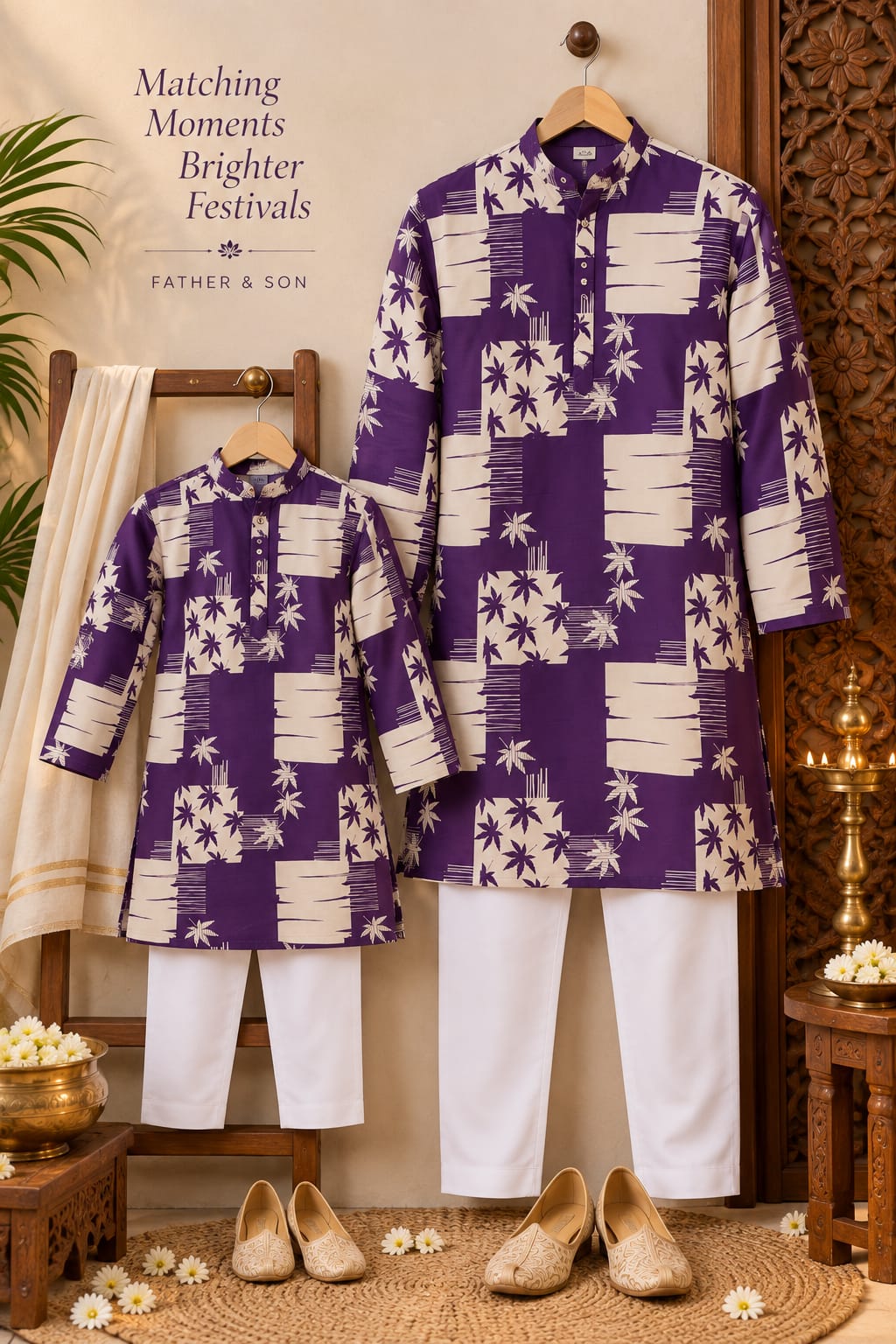 Father-Son Purple Geometric Star Prin Kurta Pajama Combo Set