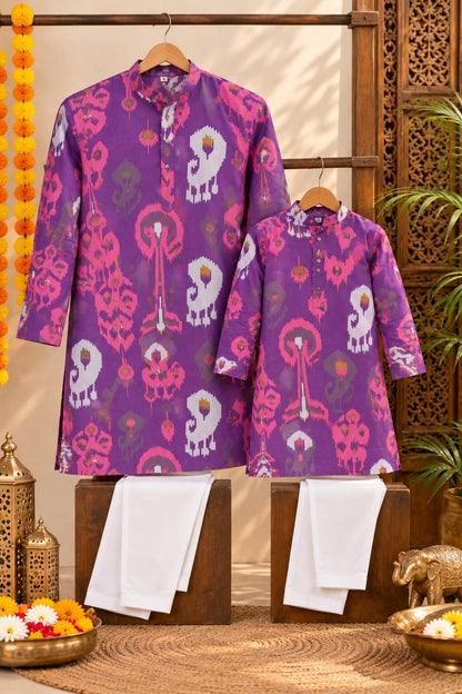 Father Son The Royal Purple Ikat Duo Kurta Pajama Combo Set
