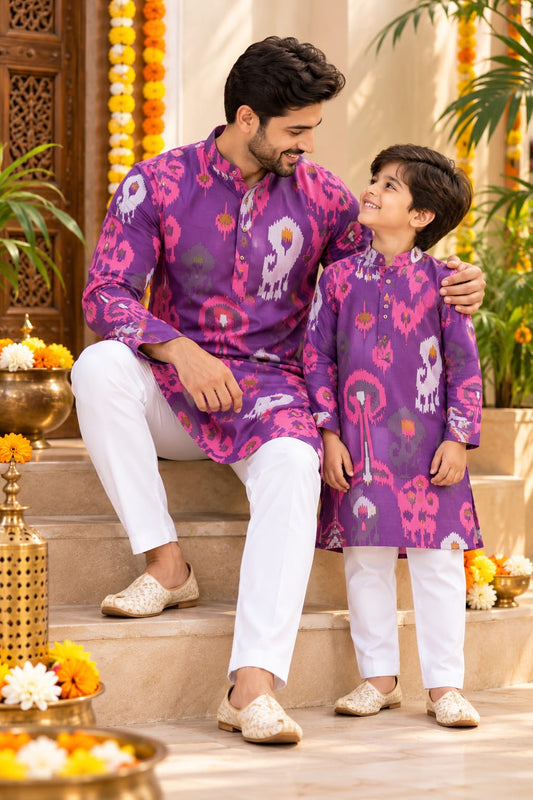 Father Son Shahi Gulbahar Print Kurta Pajama Combo Set