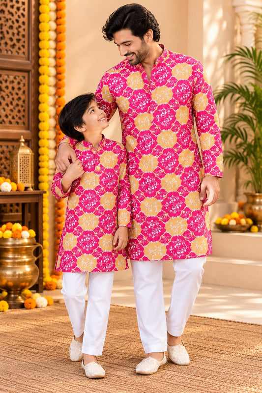 Father-Son Candy Bloom Kurta Pajama Combo Set