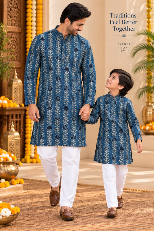 Father Son Midnight Lotus Festive  Kurta Pajama Combo Set