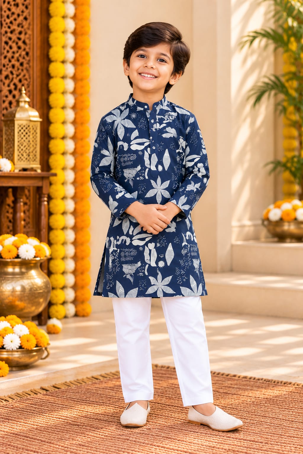 Father-Son Twinning Navy Blue Cotton Botanical Print Combo Set