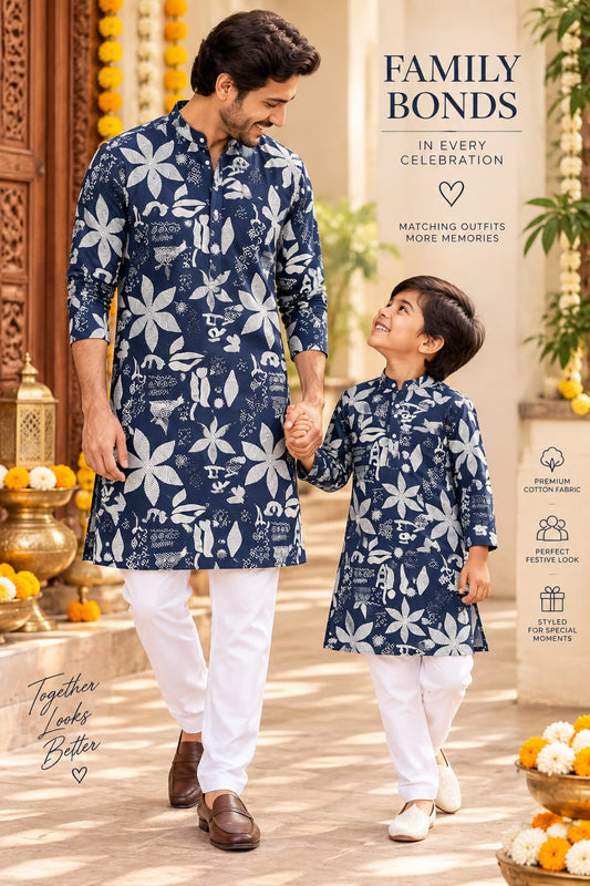 Father-Son Indigo Flora Kurta Pajama Combo Set