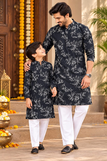 Father-Son Black and White Floral Print Kurta Pajama Combo Set