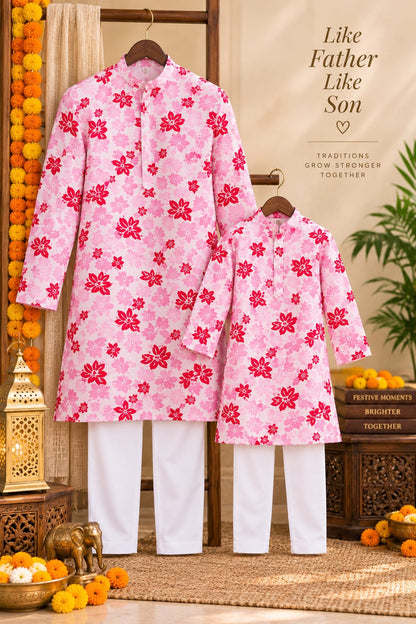 Father-Son Shahi Cherry Blossom Kurta Pajama Combo Set