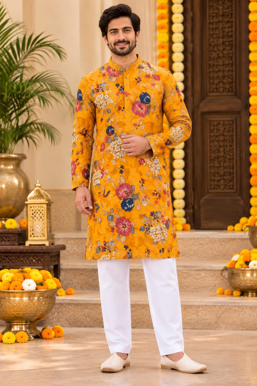 Golden Marigold Floral | Couple Matching Kurta Outfit