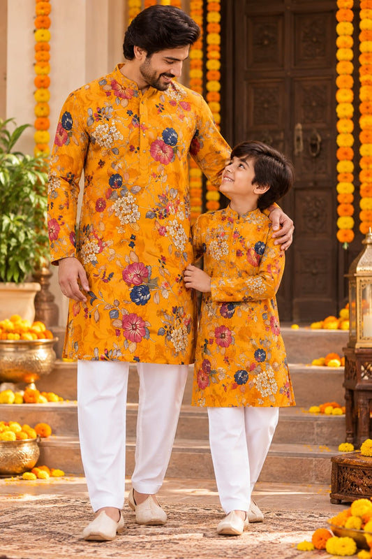 Father-Son Golden Marigold Floral Kurta Pajama Combo Set